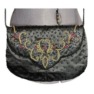 Vtg Y2K Beaded Satin Evening Bag Black Floral Woven Strap Prom cocktail